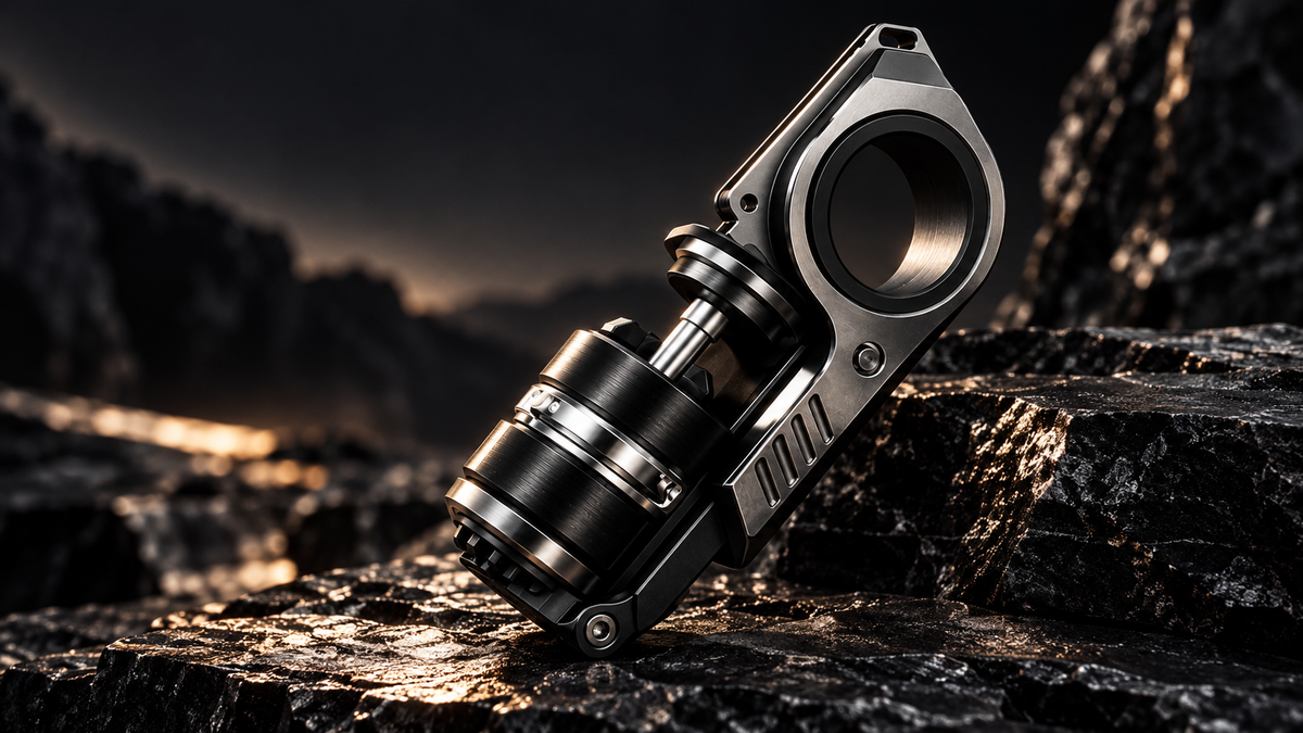 Fidget mécanique métallique noir posé sur une pierre sombre humide