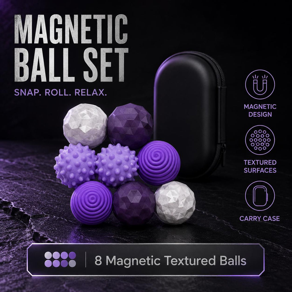 Balles fidget magnétiques texturées : huit balles violettes et blanches avec étui noir