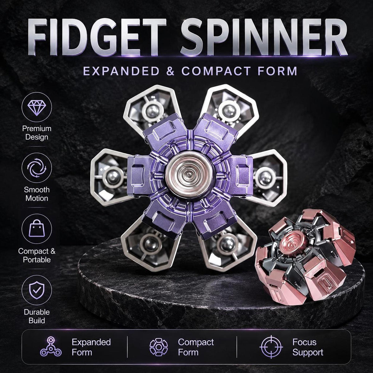 Spinner cinétique transformable : comparaison des formes déployée et compacte