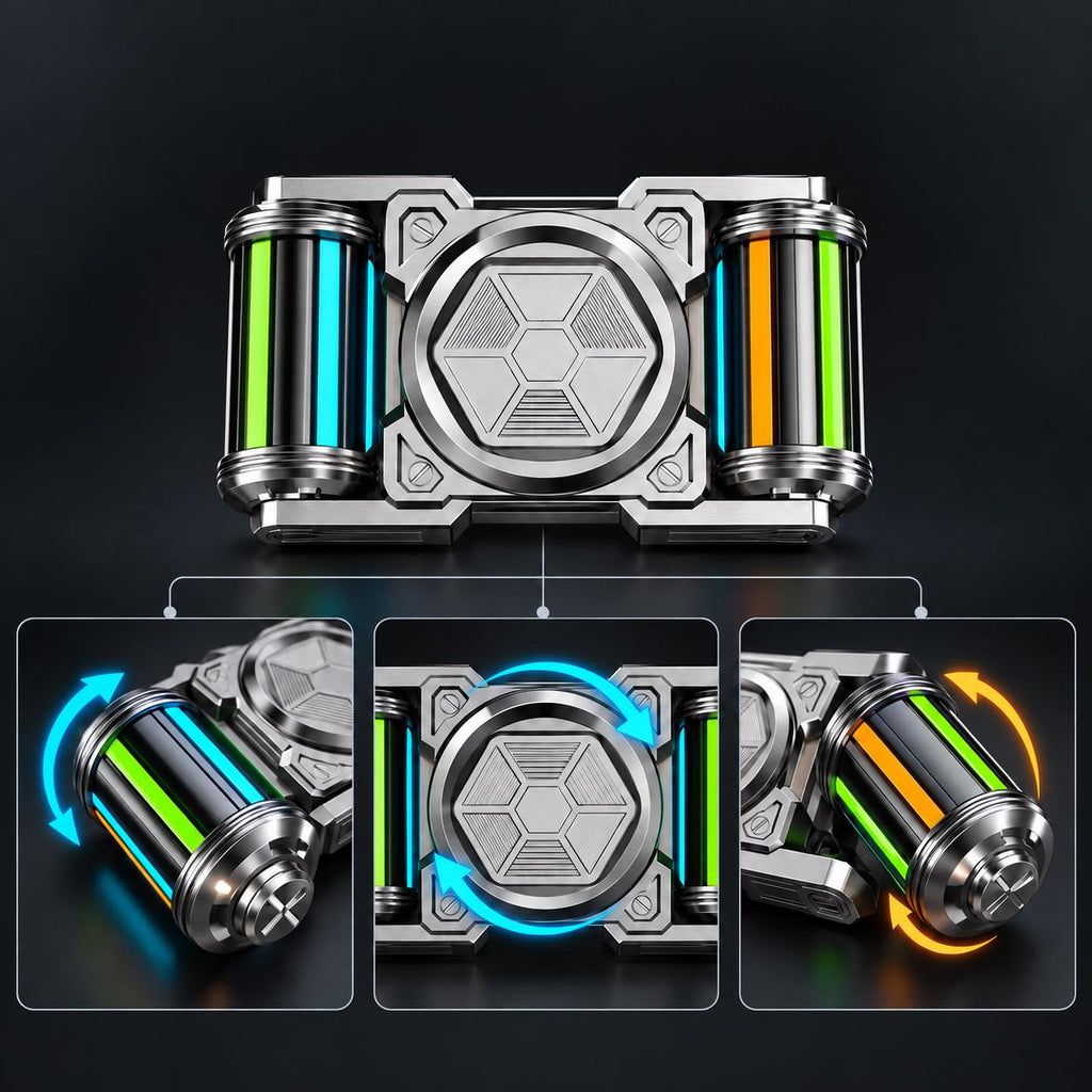Spinner mécanique Tank 101 : modèle argenté de face et exemples de manipulation