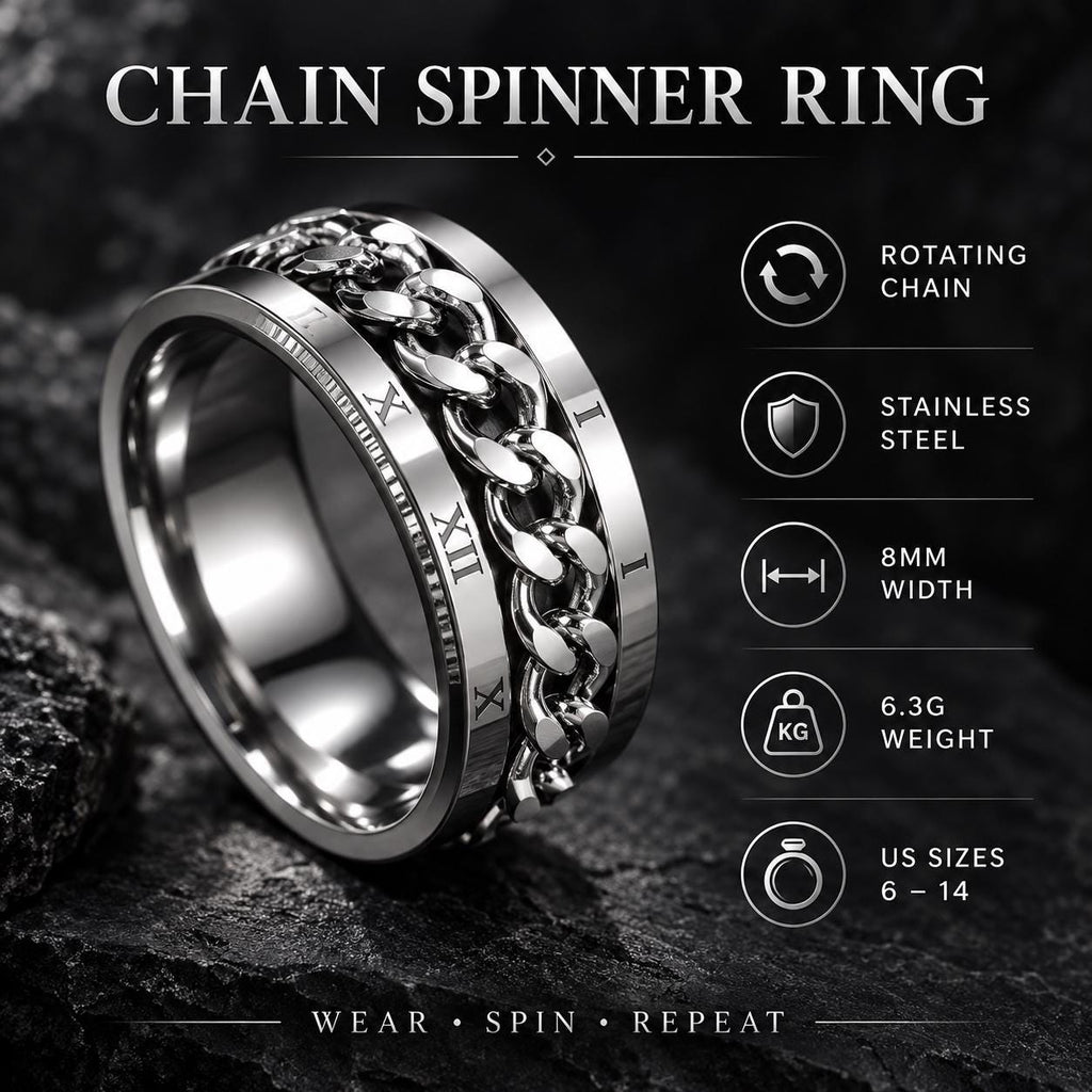 Bague fidget chaîne tournante : présentation du modèle noir et argenté