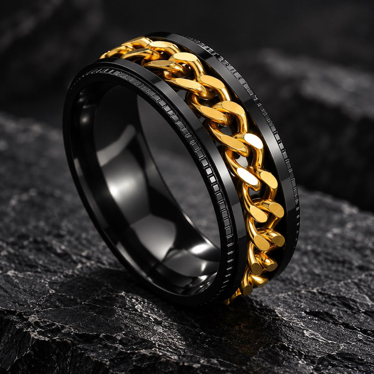 Bague fidget chaîne tournante : anneau noir avec chaîne dorée