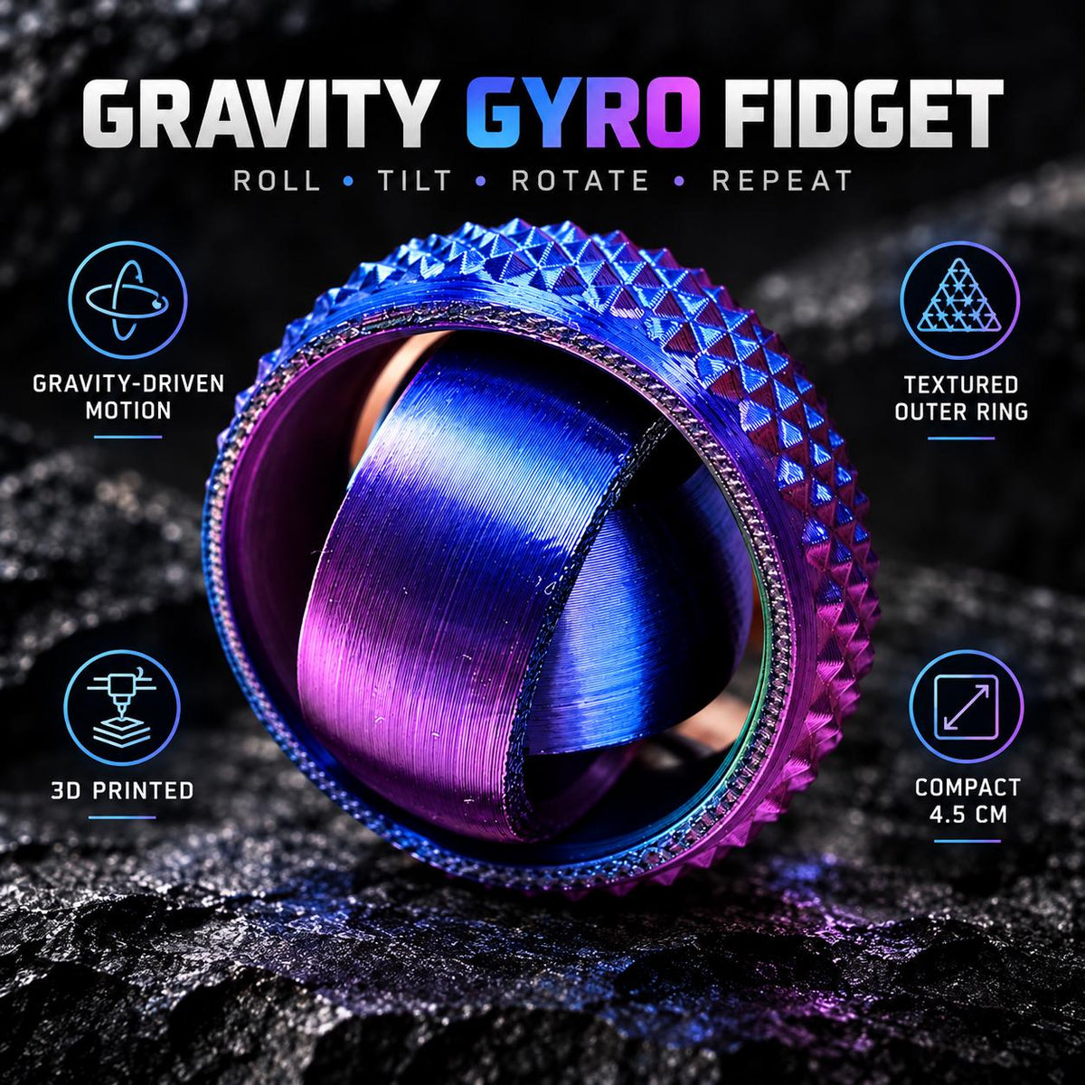 Gyroscope Gravity Gyro : anneau extérieur texturé et anneau central