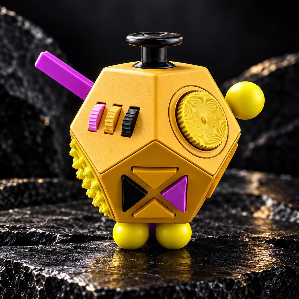 Fidget dodécaèdre 12 faces : jaune posé sur pierre