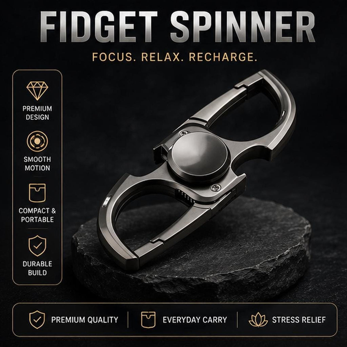 Porte-clés spinner métal 3-en-1 : présentation du modèle noir et de ses ouvertures