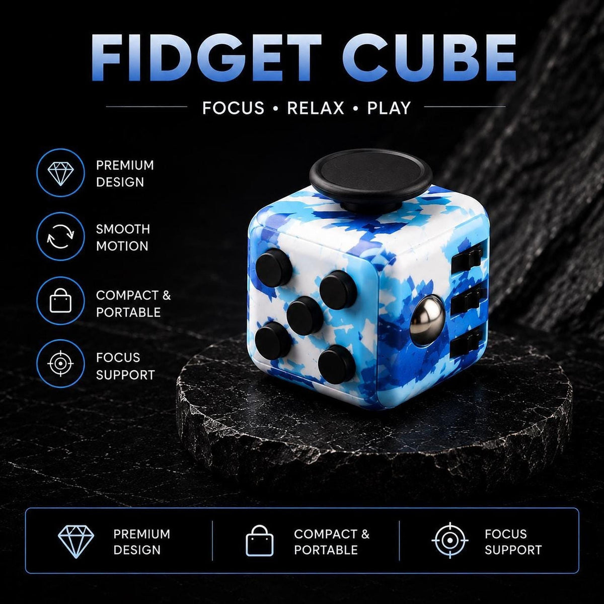 Cube fidget 6 faces : motifs blancs et bleus