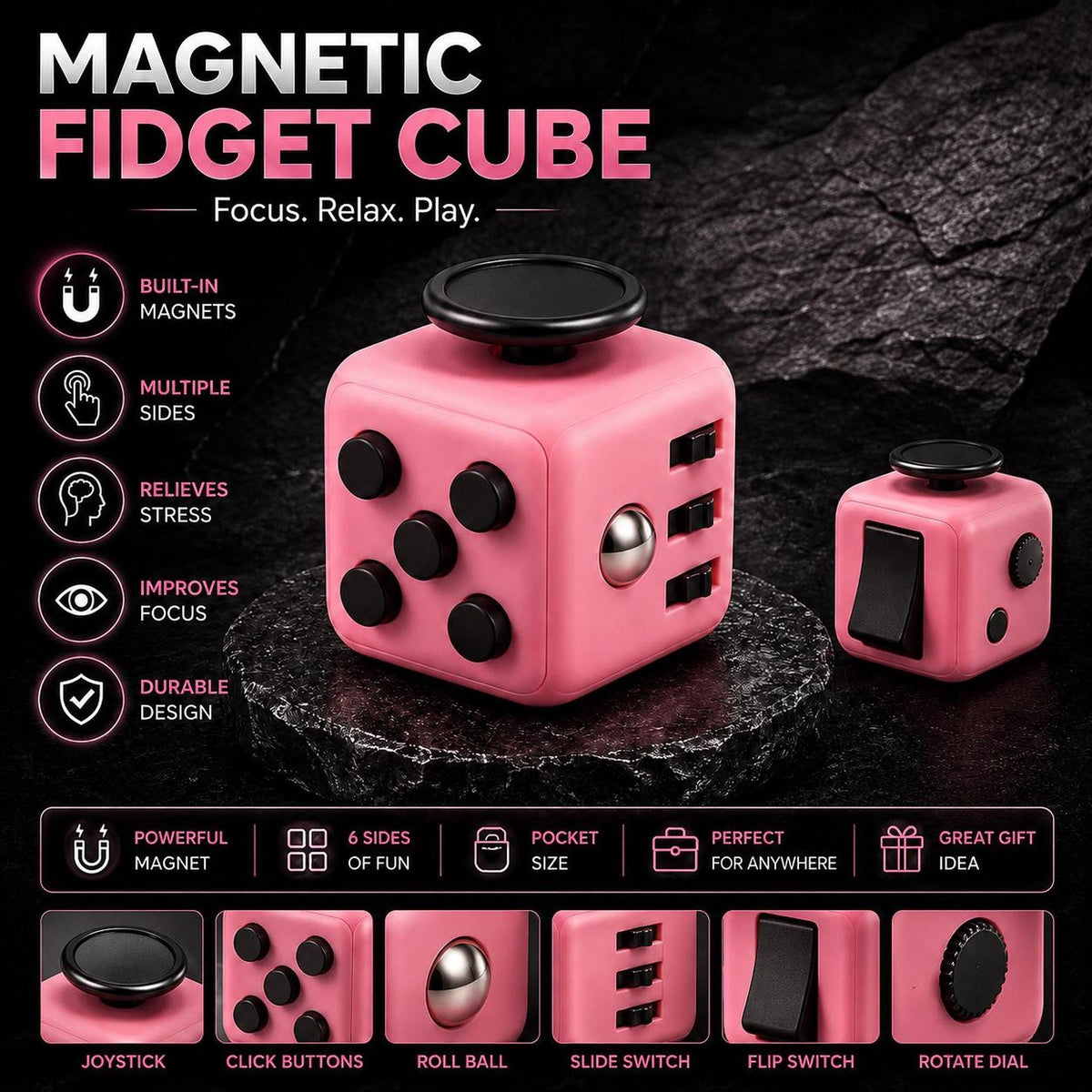Cube fidget 6 faces : rose avec présentation des mécanismes