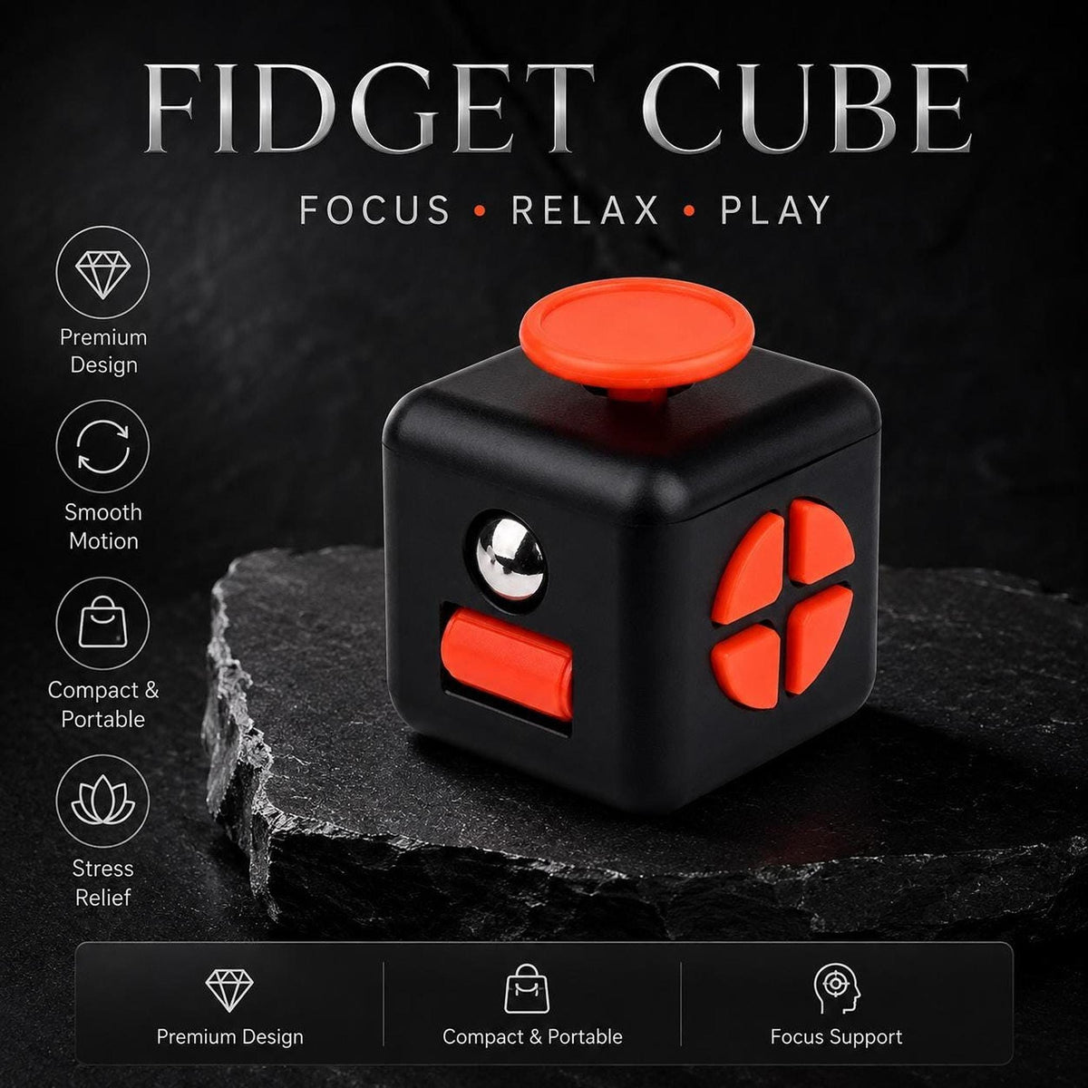 Cube fidget 6 faces : noir à commandes orange