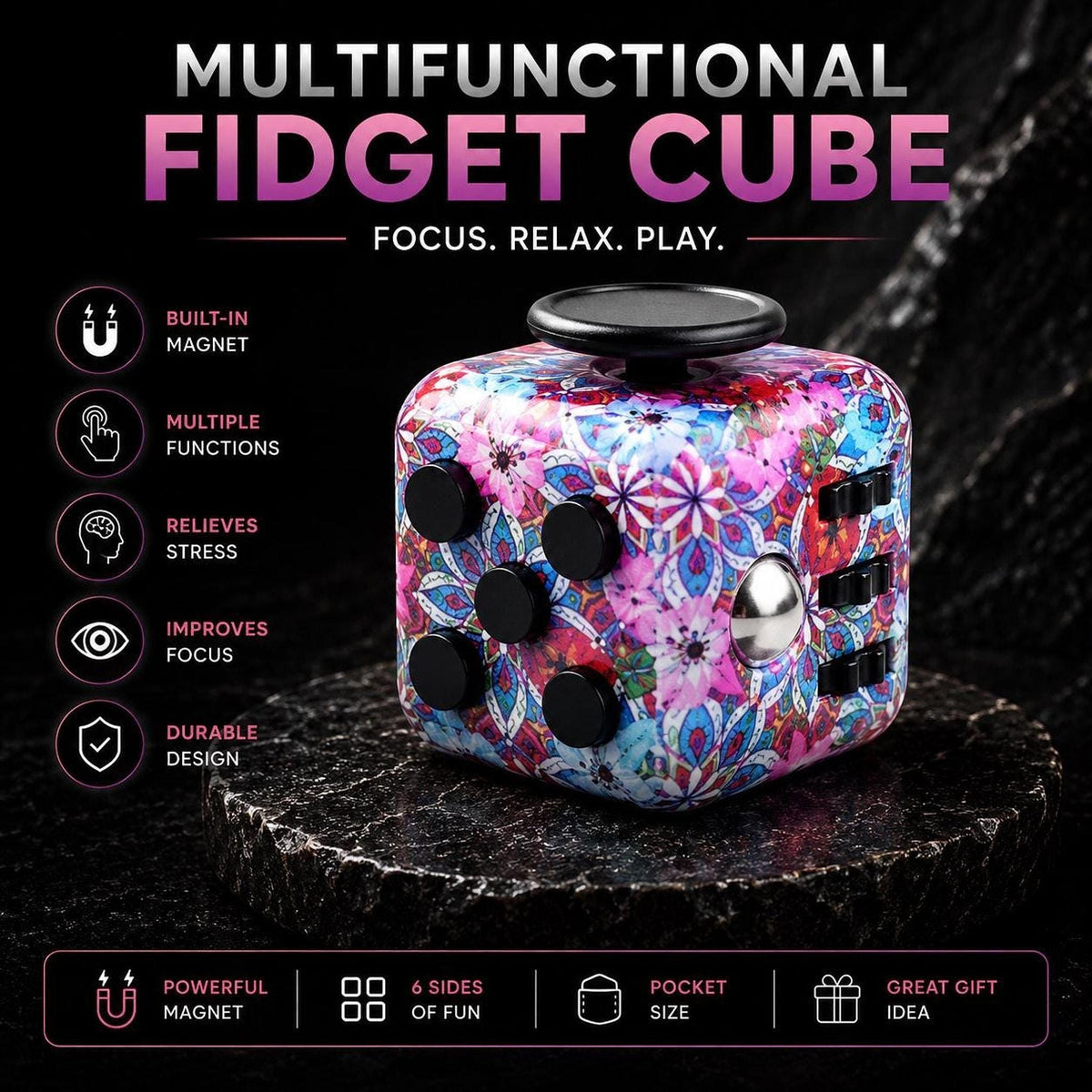 Cube fidget 6 faces : motifs floraux roses et violets