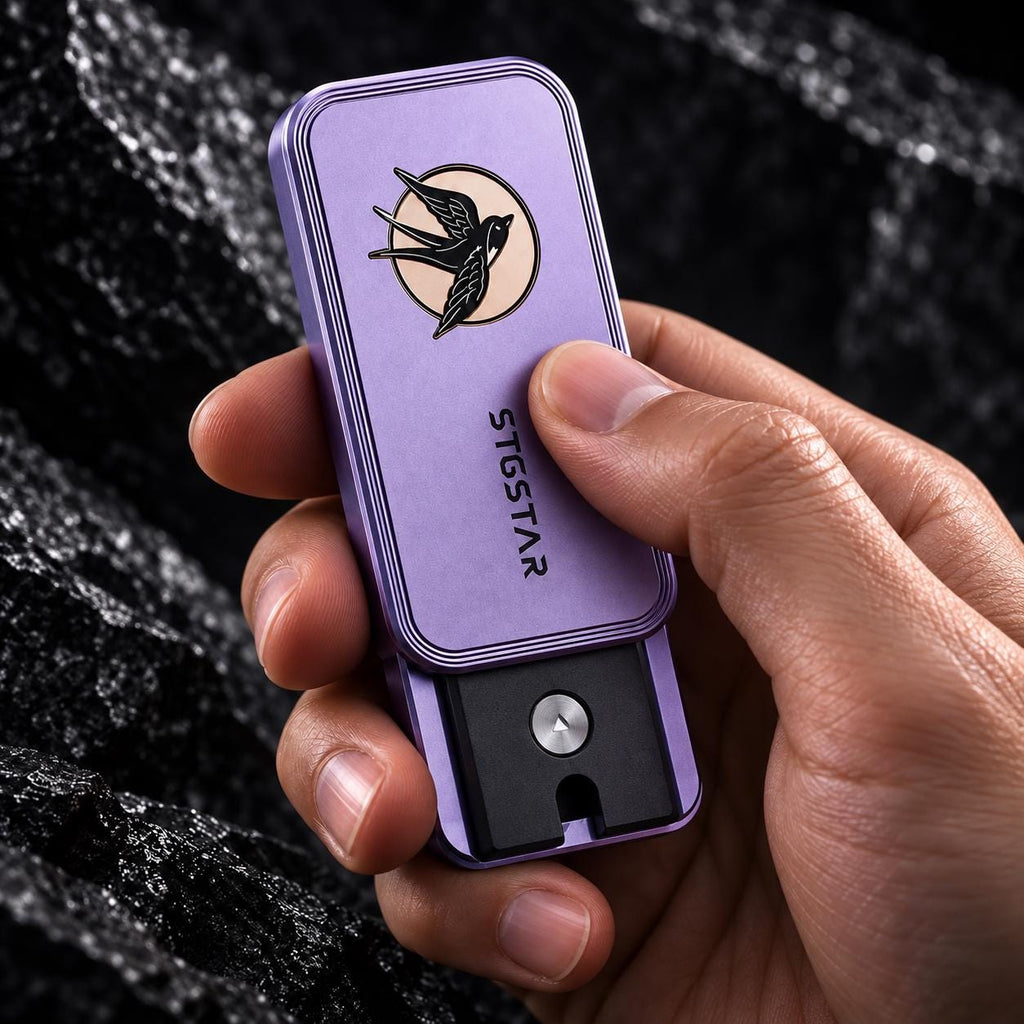 Slider magnétique aluminium : violet à motif d'oiseau tenu en main